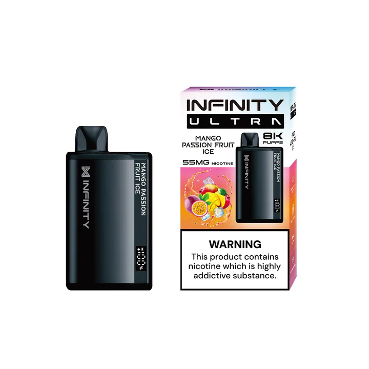 Buy Infinity Ultra Mango Passion Fruit Ice 8000 Puffs Disposable in Pakistan. 55mg nicotine, exotic fruity vape with icy finish. Rechargeable & long-lasting.